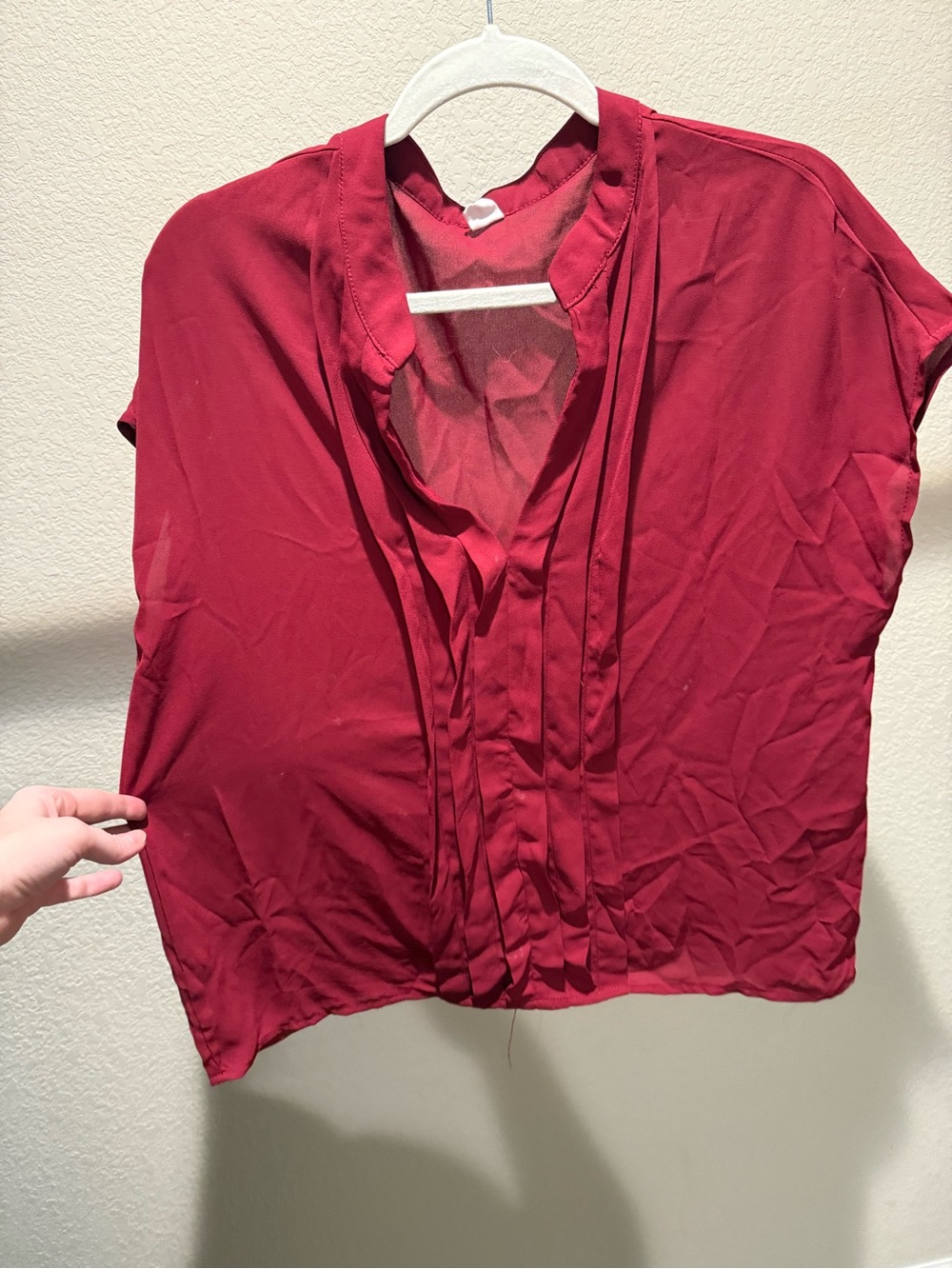 Women's Pleated V-Neck Blouse - Deep Red
